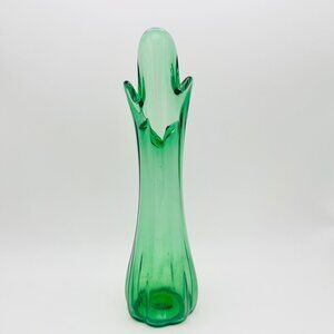 Vintage MCM 10 inch Green Swung Glass Vase With Organic Five Finger Design